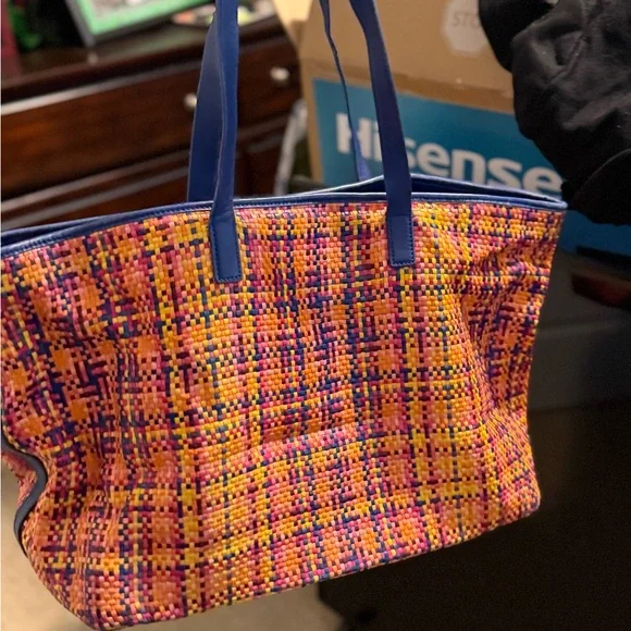 Tory Burch Colorful Woven Tote with Blue Handles - Picture 2 of 15